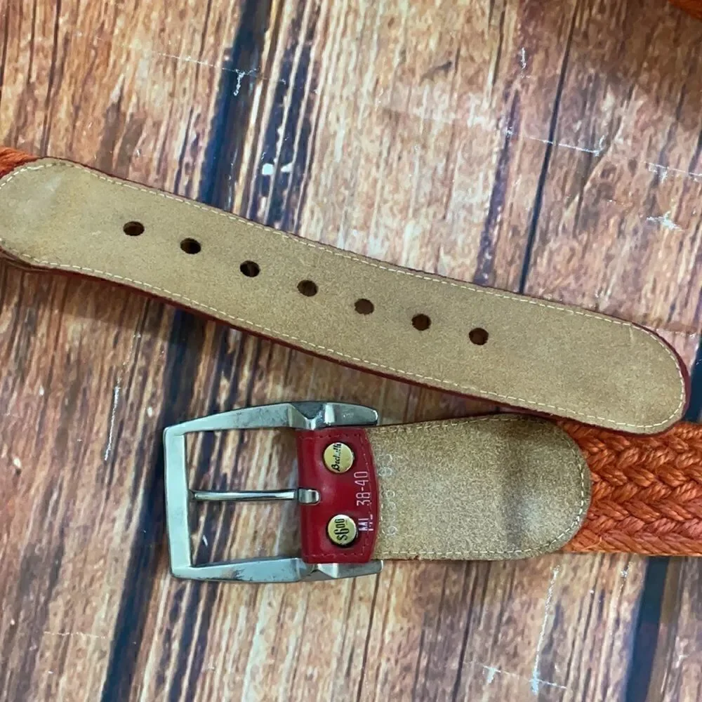 Vintage 1970s Bechelli Orange Leather and Webbing Belt  size large